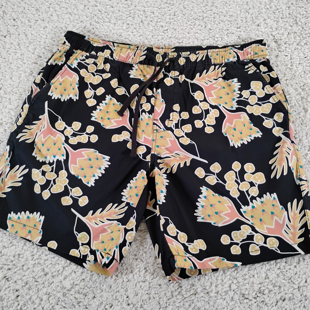 Katin Shorts Mens Extra Large Black Yellow Drawstring Stretch Cotton Surf Beach